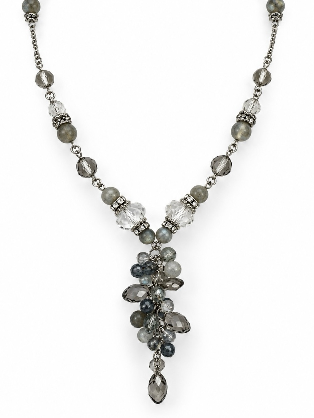 Elegant Gray, Blue and Translucent Crystal Beaded Cluster Necklace